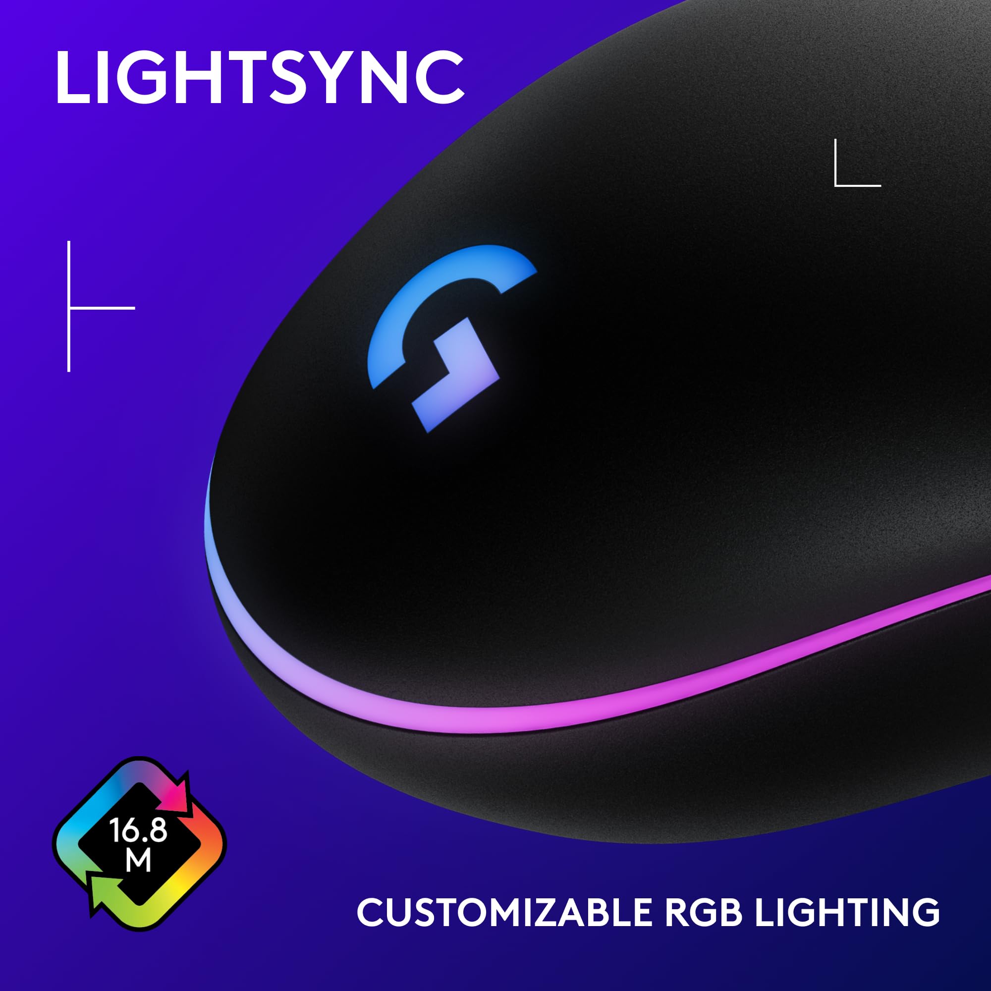Logitech G203 Wired Gaming Mouse, 8,000 DPI, Rainbow Optical Effect LIGHTSYNC RGB, 6 Programmable Buttons, On-Board Memory, Screen Mapping, PC/Mac Computer and Laptop Compatible - Black - Image 6
