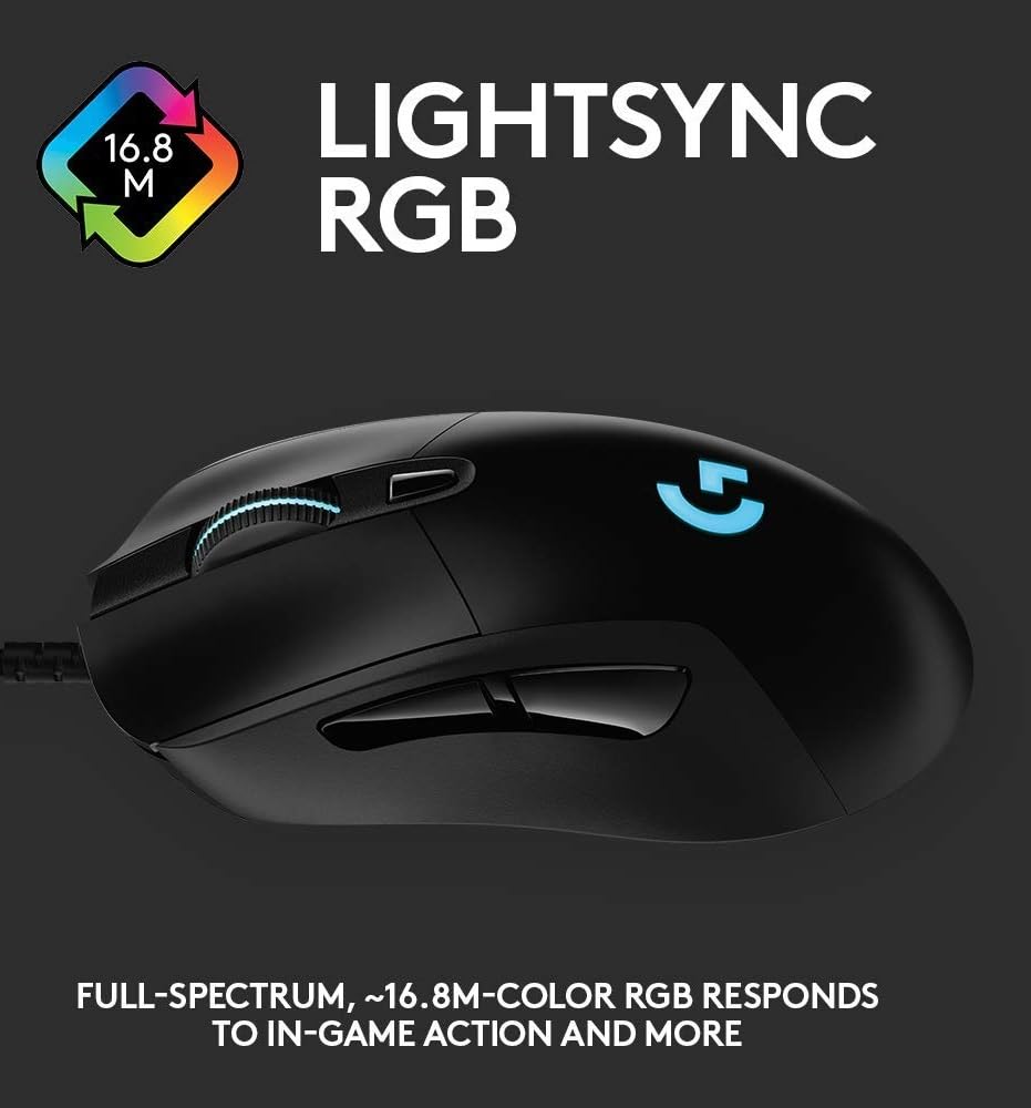Logitech G403 Hero 25K Gaming Mouse, Lightsync RGB, Lightweight 87G+10G Optional, Braided Cable, 25, 600 DPI, Rubber Side Grips, Black - Image 5