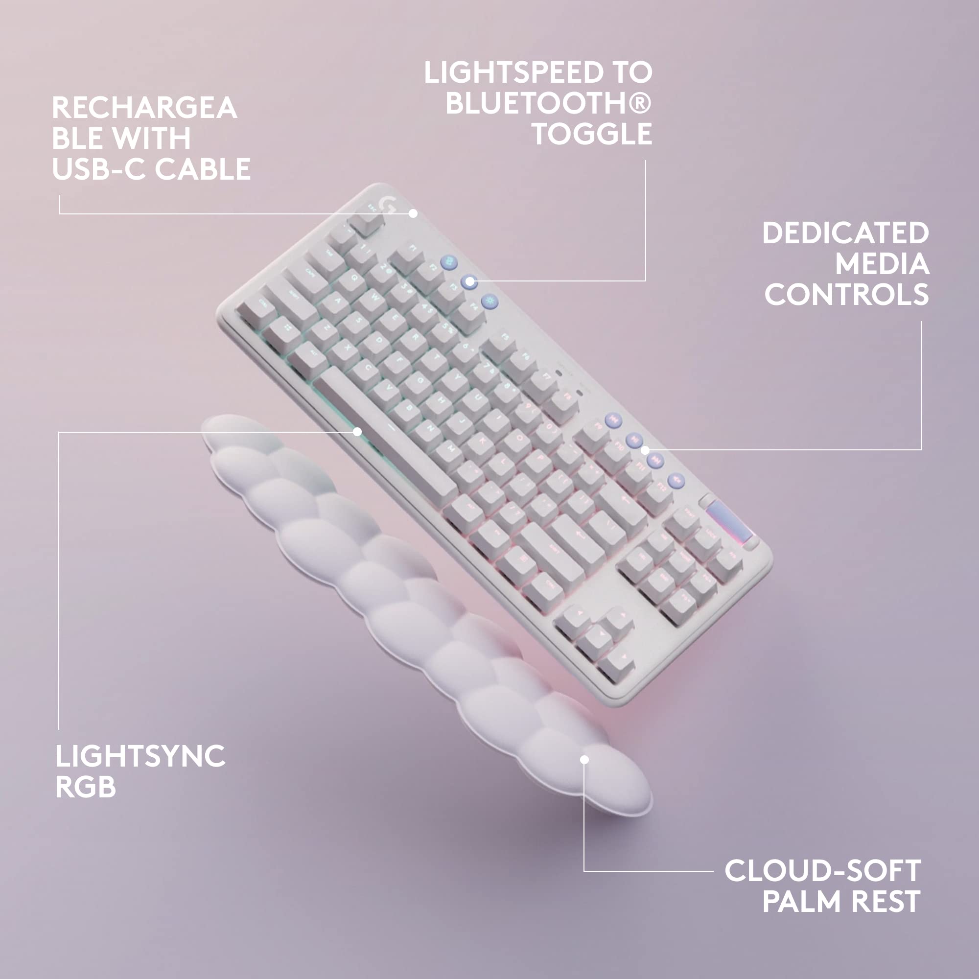 Logitech G715 Wireless Mechanical Gaming Keyboard with LIGHTSYNC RGB, Lightspeed, Tactile Switches (GX Brown), and Keyboard Palm Rest, PC/Mac Compatible - White Mist - Image 8